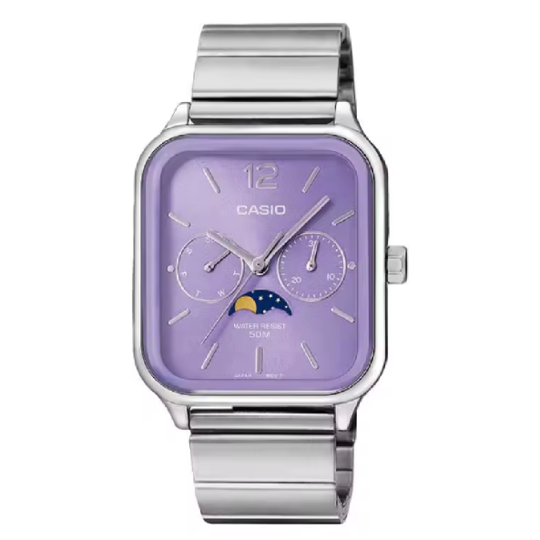 Montre-Bracelet Casio Moonphase pour Hommes. Cette montre combine la sobriété de l’acier inoxydable avec un cadran blanc raffiné, des indicateurs romains et des complications fonctionnelles telles que la phase lunaire.