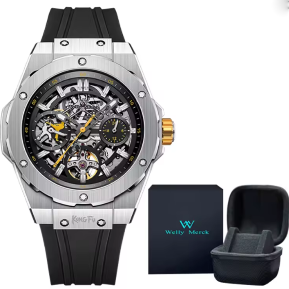 Montre Automatique Homme Welly Merck – Édition Limitée Luxe 80h. Une montre qui relève son puissant cœur mécanique avec un design ouvert, des définition en acier et des détails sportifs, ce modèle est parfait pour ceux qui vivent à la limite.