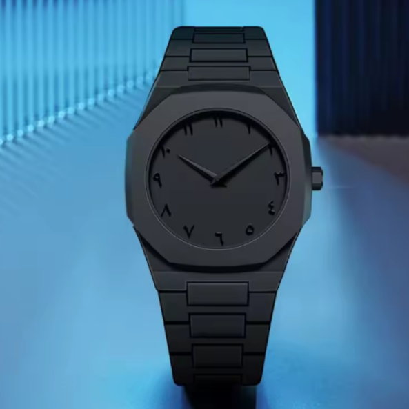 Montre Sportive et Décontractée Créative 2024. Ce modèle entièrement noir fusionne une esthétique futuriste avec un design minimaliste brutaliste. Son cadran noir sans marques, orné de chiffres arabes à peine visibles, lui donne une aura énigmatique.