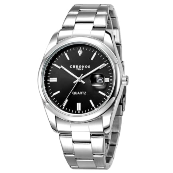 Montre-Bracelet de Luxe CHRONOS Homme Quartz. Avec un cadran noir intense un bracelet en acier inoxydable et une fenêtre de date avec loupe de type cyclops, cette montre est idéal pour ceux qui recherchent l’élégance, l’élégance, précision et le caractère