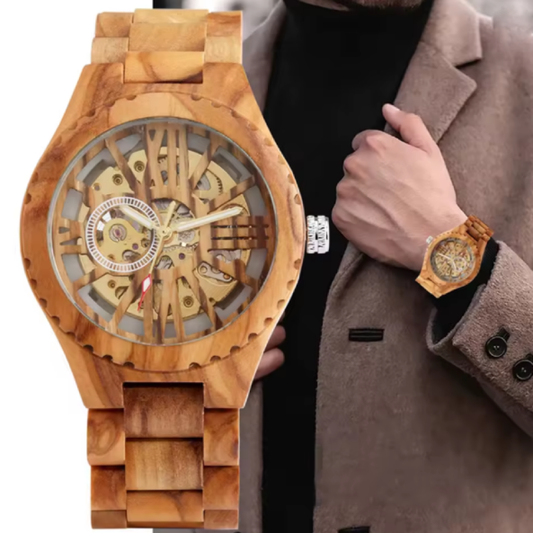 Montre Numérique Romaine en Bois pour Homme. Cette montre automatique au design squelette est fabriquée à 100% en Bois naturel poli alliant durabilité et élégance mécanique.