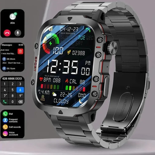 Montre Intelligente Militaire Huawei Xiaomi 2025. Conçue pour les plus exigeants, cette montre intelligente combine une endurance de haut niveau avec des fonctions avancées de santé, de sport et de connectivité complète.