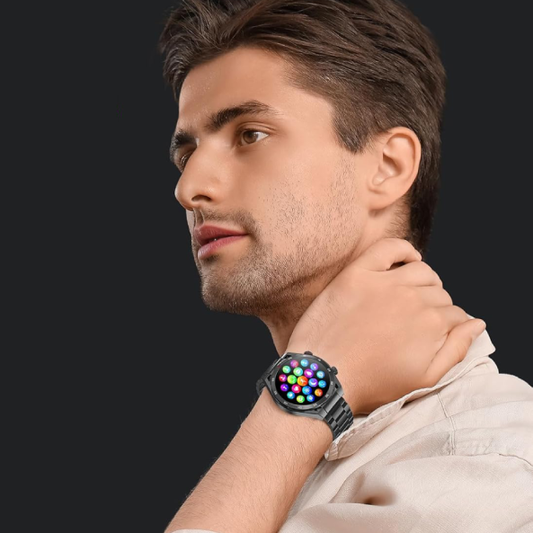 Montre Intelligente AMOLED 1.43 pouces pour Hommes et Femmes. Cette smartwatch de luxe n’est pas seulement élégante, elle est aussi puissante. Conçue avec un boîtier en acier inoxydable et un écran tactile, avec plusieurs fonctions de santé et du sport.
